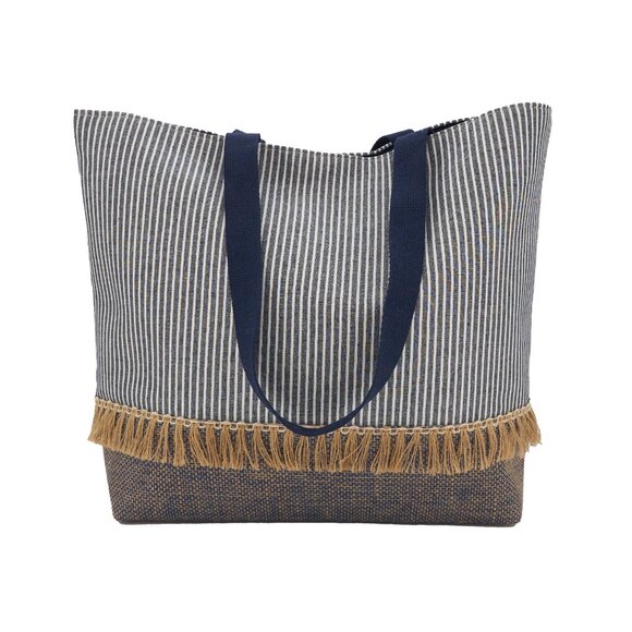 Summer Nautical Navy Blue Striped and Tasseled Tote Bag Handbag Beach Craft tote - Picture 2 of 7